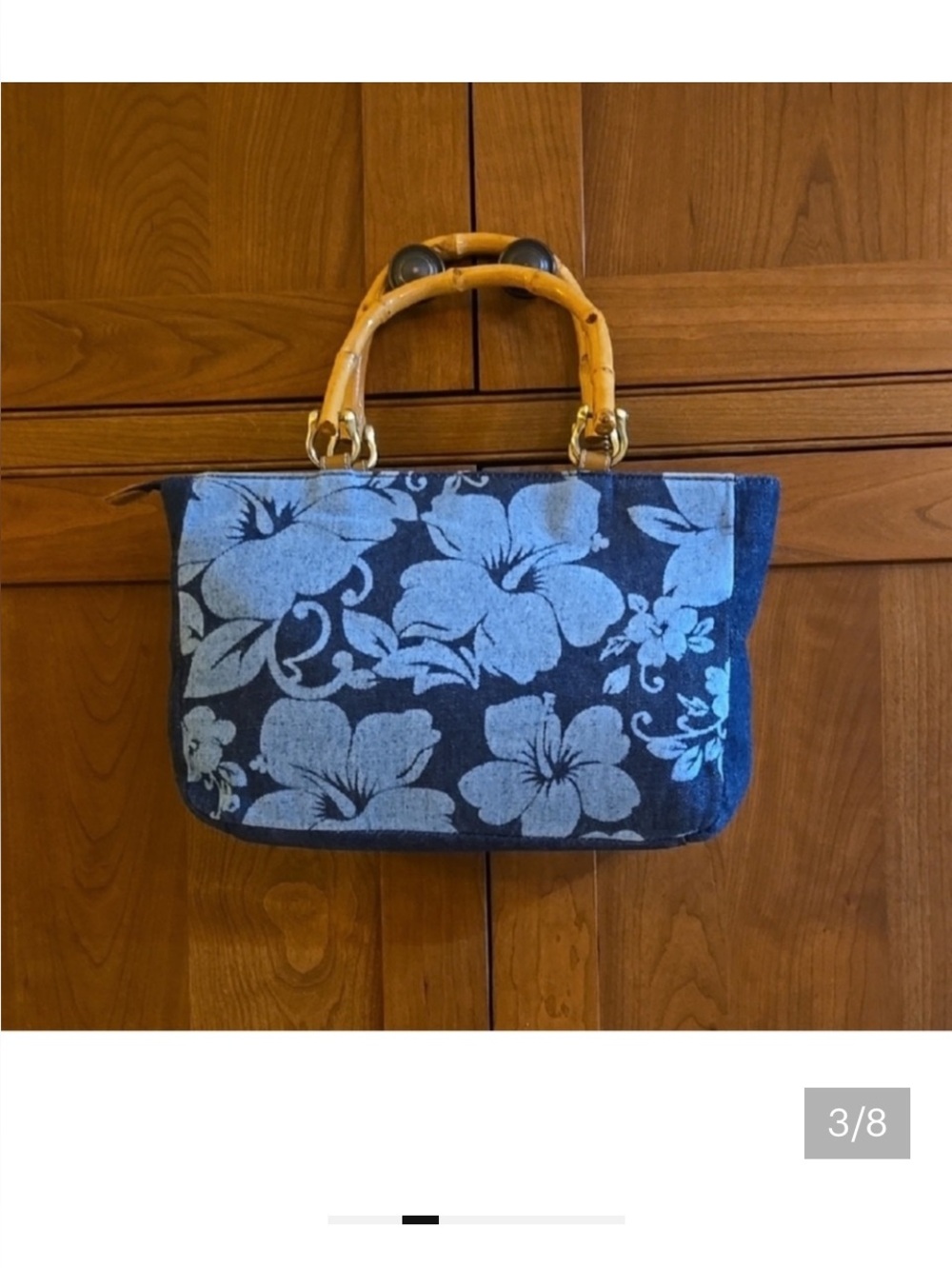 Relic Blue Denim  Hawaiian Floral Print Tote Bag with Bamboo Handles.